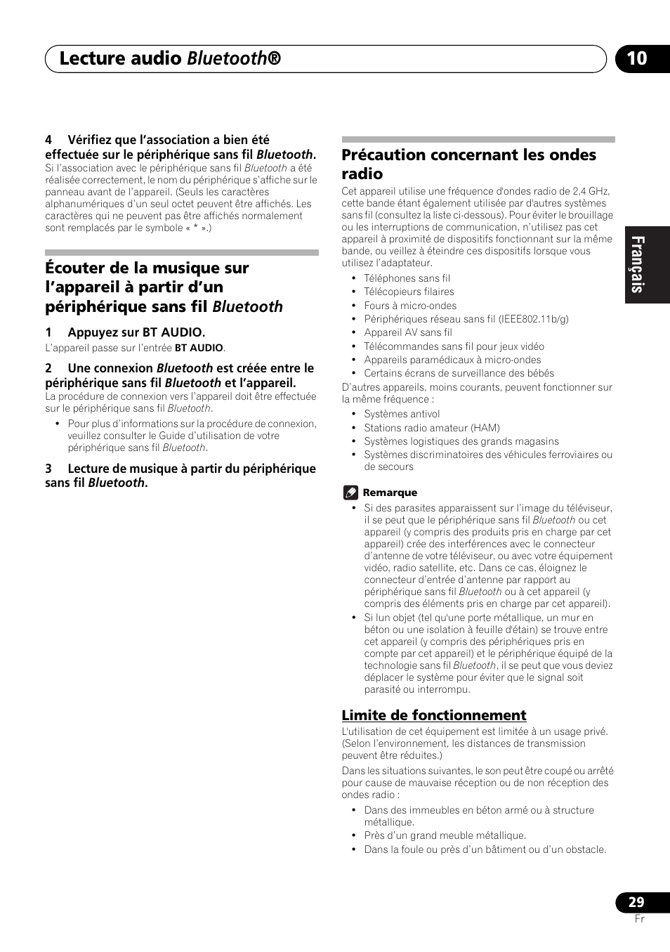 Limite de fonctionnement, Lecture audio bluetooth, Précaution concernant les ondes radio | Pioneer X-SMC00BT User Manual | Page 65 / 256