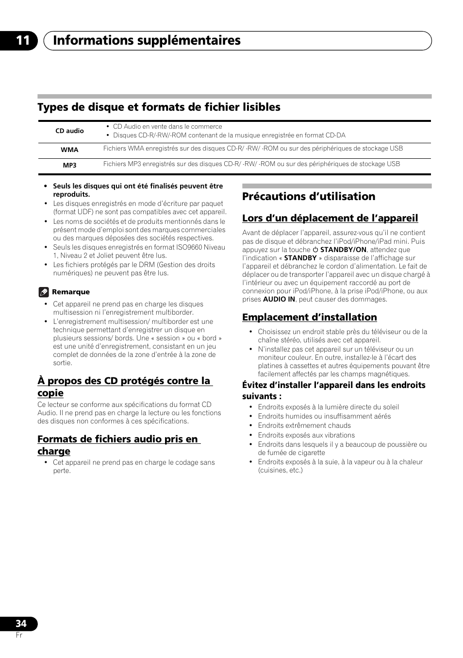 Types de disque et formats de fichier lisibles, Précautions d’utilisation, Informations supplémentaires 11 | À propos des cd protégés contre la copie, Formats de fichiers audio pris en charge, Lors d’un déplacement de l’appareil, Emplacement d’installation | Pioneer X-SMC00BT User Manual | Page 70 / 256