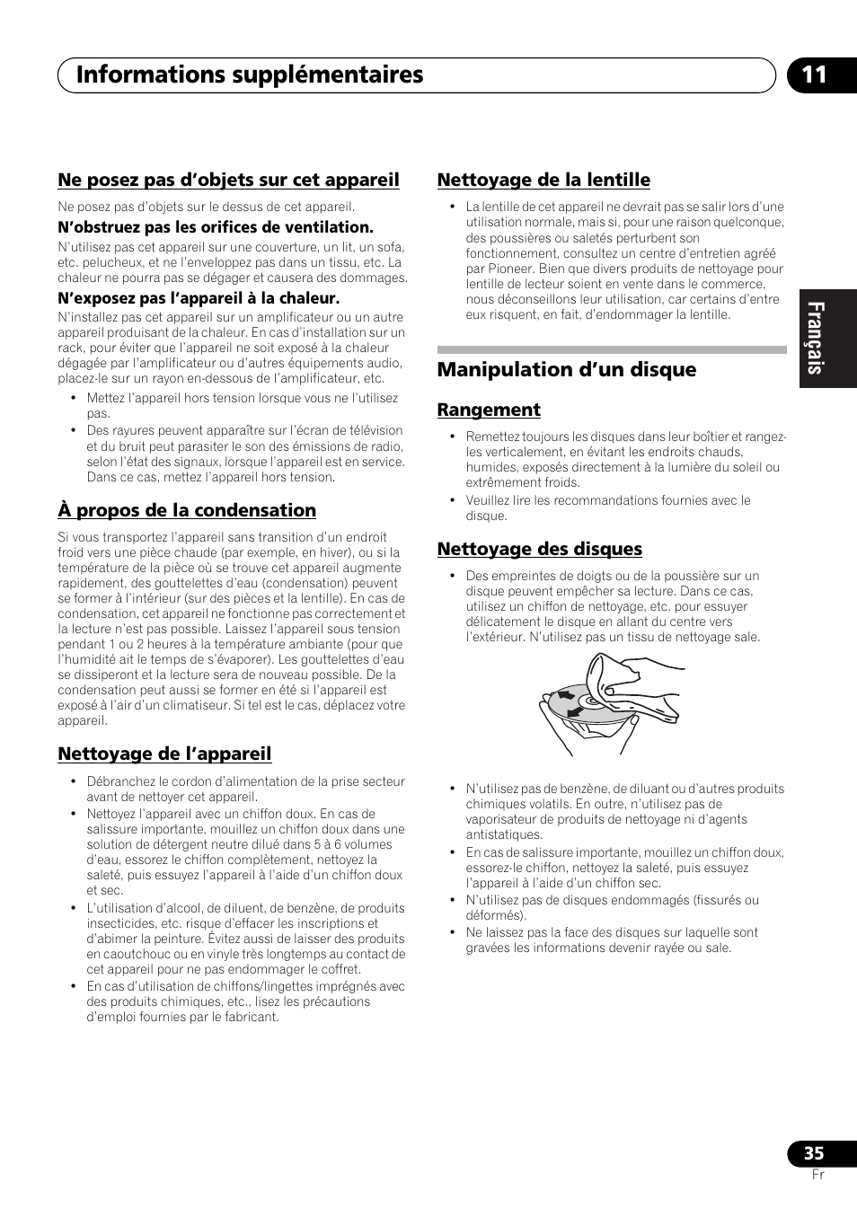 Manipulation d’un disque, Rangement nettoyage des disques, Informations supplémentaires 11 | Pioneer X-SMC00BT User Manual | Page 71 / 256