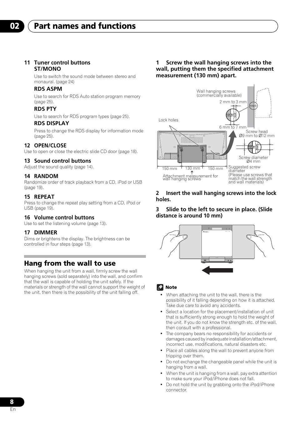 Hang from the wall to use, Part names and functions 02 | Pioneer X-SMC00BT User Manual | Page 8 / 256