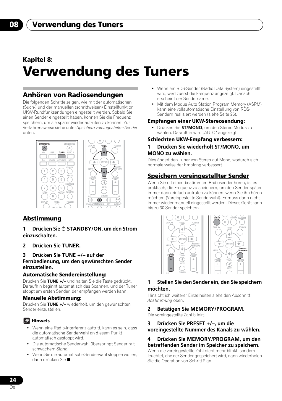 08 verwendung des tuners, Anhören von radiosendungen, Abstimmung speichern voreingestellter sender | Verwendung des tuners, Verwendung des tuners 08, Kapitel 8, Abstimmung, Speichern voreingestellter sender, Manuelle abstimmung, Empfangen einer ukw-stereosendung | Pioneer X-SMC00BT User Manual | Page 96 / 256