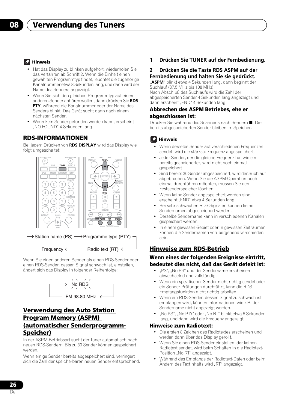 Verwendung des tuners 08, Rds-informationen, Hinweise zum rds-betrieb | Hinweise zum radiotext | Pioneer X-SMC00BT User Manual | Page 98 / 256