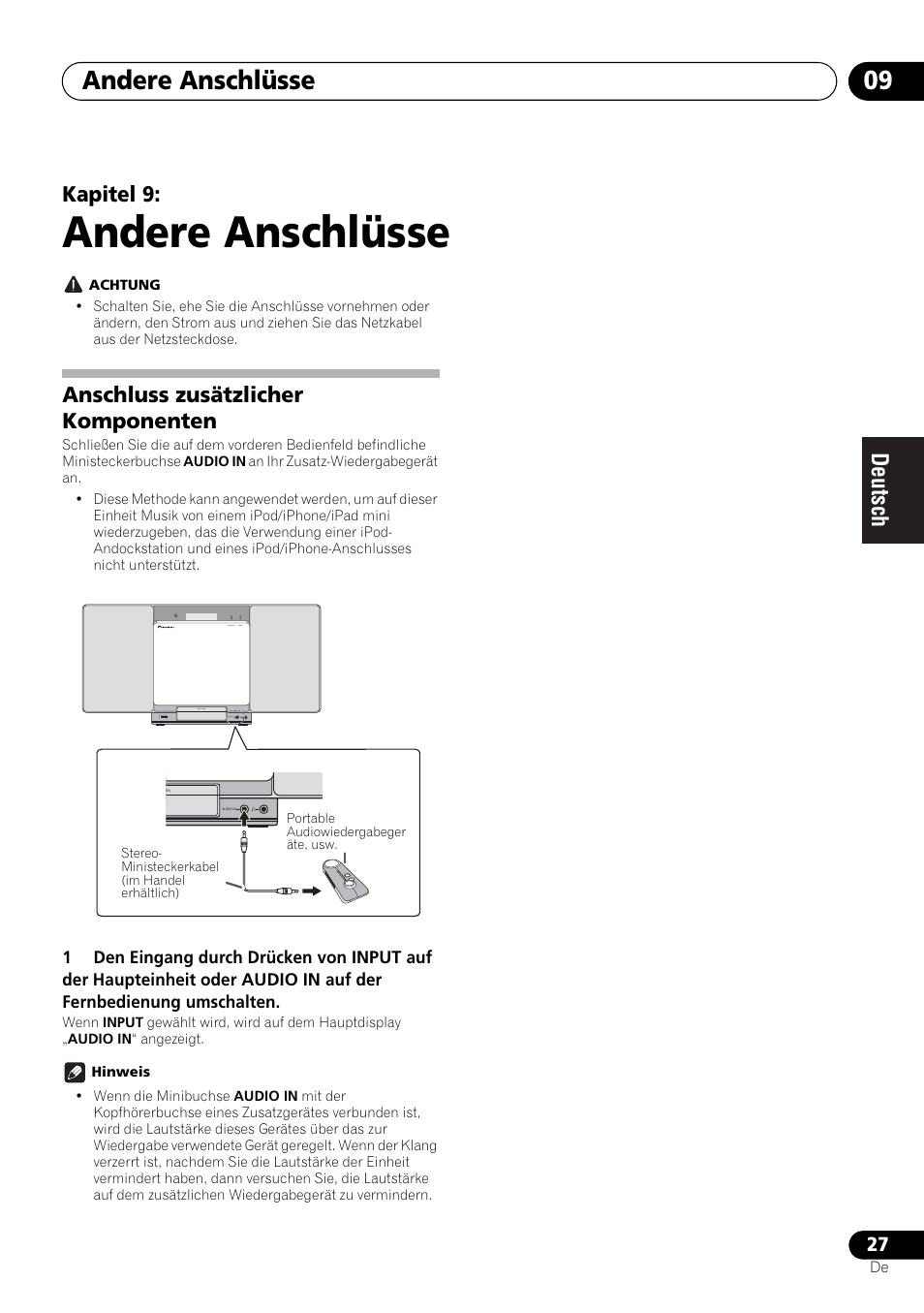 09 andere anschlüsse, Anschluss zusätzlicher komponenten, Andere anschlüsse | Andere anschlüsse 09, Kapitel 9 | Pioneer X-SMC00BT User Manual | Page 99 / 256