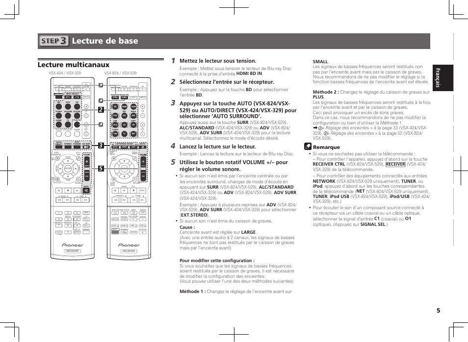 Lecture de base, Lecture multicanaux, Mettez le lecteur sous tension | Sélectionnez l’entrée sur le récepteur, Lancez la lecture sur le lecteur, Remarque | Pioneer VSX-824-K User Manual | Page 11 / 48