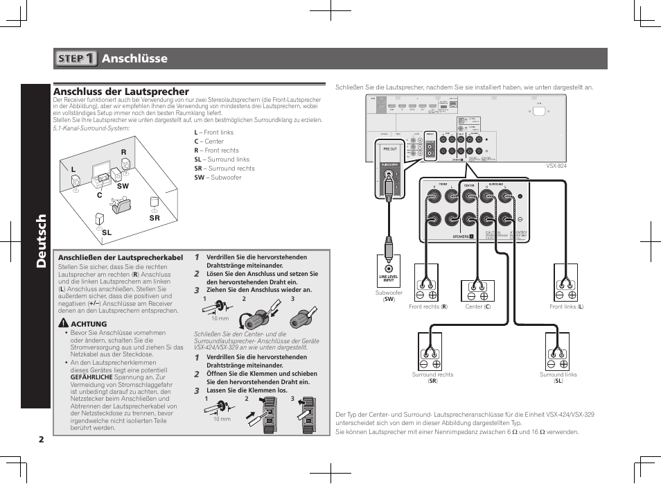 Av receiver, Kurzanleitung, Deutsch | Anschlüsse, Anschluss der lautsprecher | Pioneer VSX-824-K User Manual | Page 14 / 48
