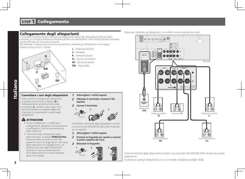 Sintoamplificatore av, Guida di avvio rapido, Italiano | Collegamento, Collegamento degli altoparlanti | Pioneer VSX-824-K User Manual | Page 20 / 48
