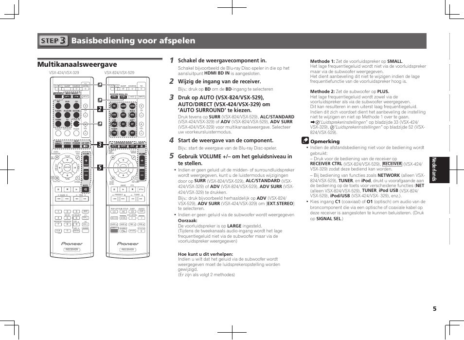 Basisbediening voor afspelen, Multikanaalsweergave, Schakel de weergavecomponent in | Wijzig de ingang van de receiver, Start de weergave van de component, Opmerking | Pioneer VSX-824-K User Manual | Page 29 / 48