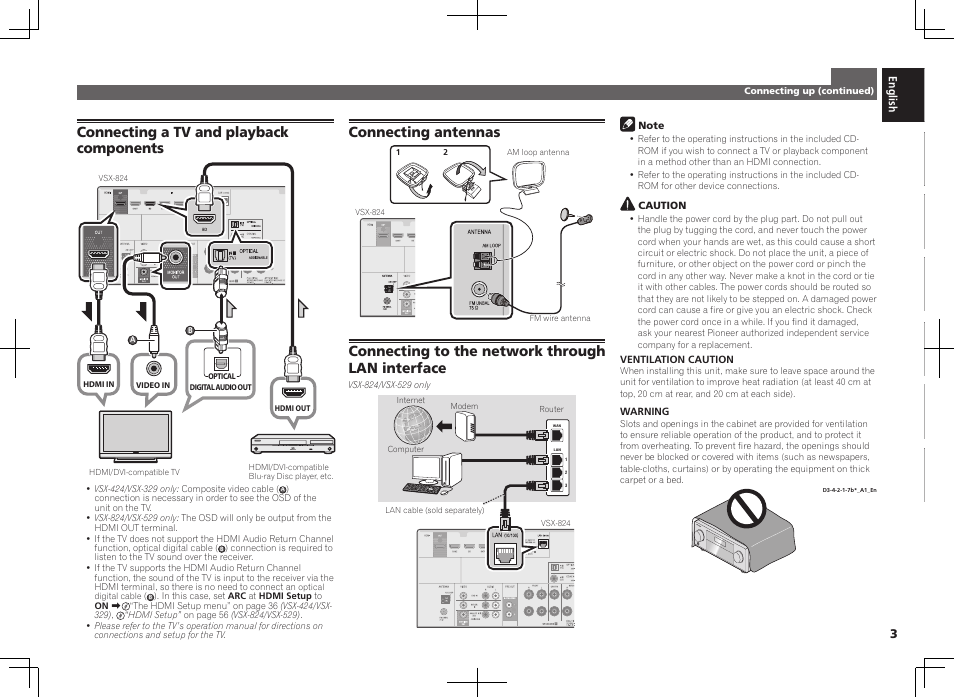 Connecting a tv and playback components, Connecting antennas, Connecting to the network through lan interface | Pioneer VSX-824-K User Manual | Page 3 / 48