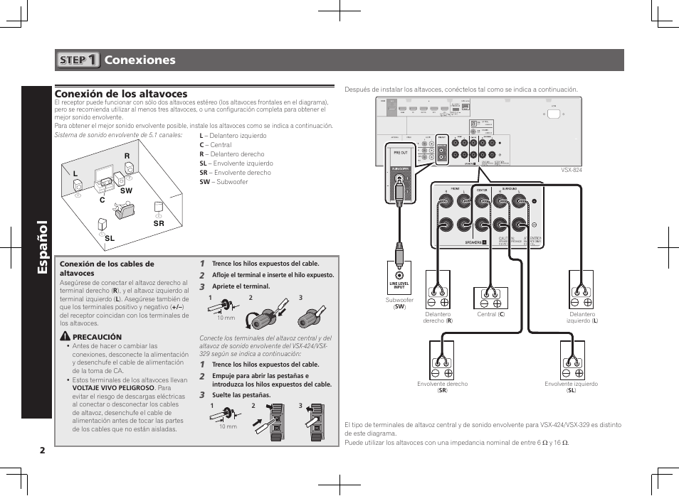 Receptor av, Guía de inicio rápido, Español | Conexiones, Conexión de los altavoces | Pioneer VSX-824-K User Manual | Page 32 / 48