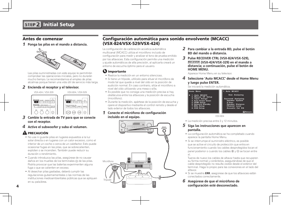 Initial setup, Antes de comenzar | Pioneer VSX-824-K User Manual | Page 34 / 48