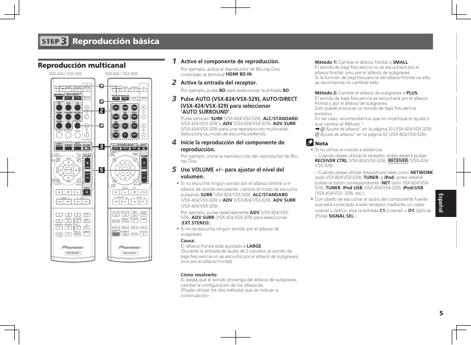Reproducción básica, Reproducción multicanal, Active el componente de reproducción | Active la entrada del receptor, Use volume +/– para ajustar el nivel del volumen, Nota | Pioneer VSX-824-K User Manual | Page 35 / 48