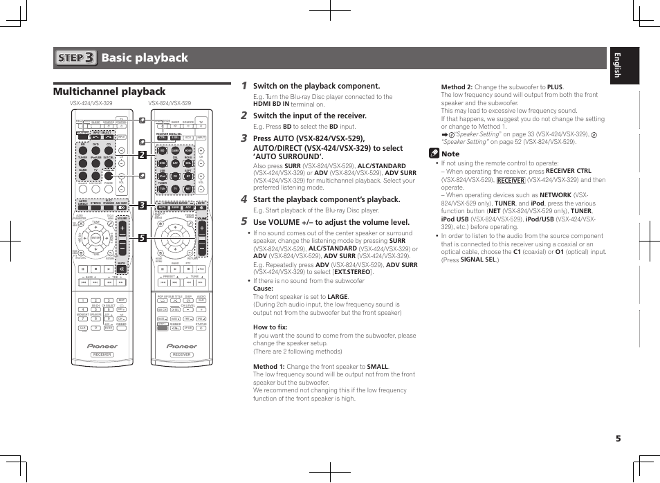Basic playback, Multichannel playback, Switch on the playback component | Switch the input of the receiver, Start the playback component’s playback, Use volume +/– to adjust the volume level | Pioneer VSX-824-K User Manual | Page 5 / 48
