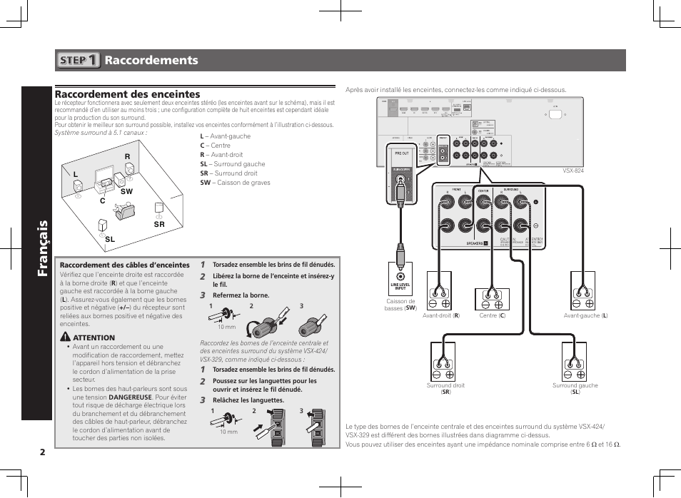 Amplificateur av, Guide rapide, Français | Raccordements, Raccordement des enceintes | Pioneer VSX-824-K User Manual | Page 8 / 48