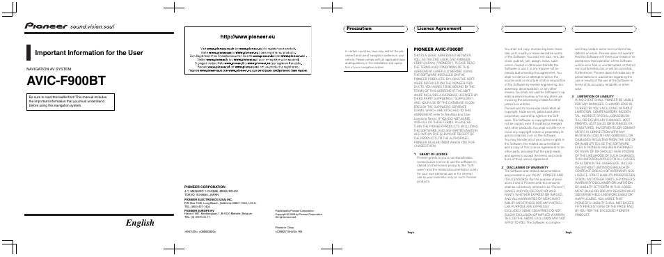 Pioneer AVIC F900BT User Manual | 4 pages