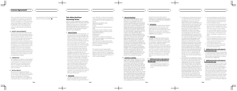 Licence agreement, Tele atlas end user licensing terms | Pioneer AVIC F900BT User Manual | Page 2 / 4