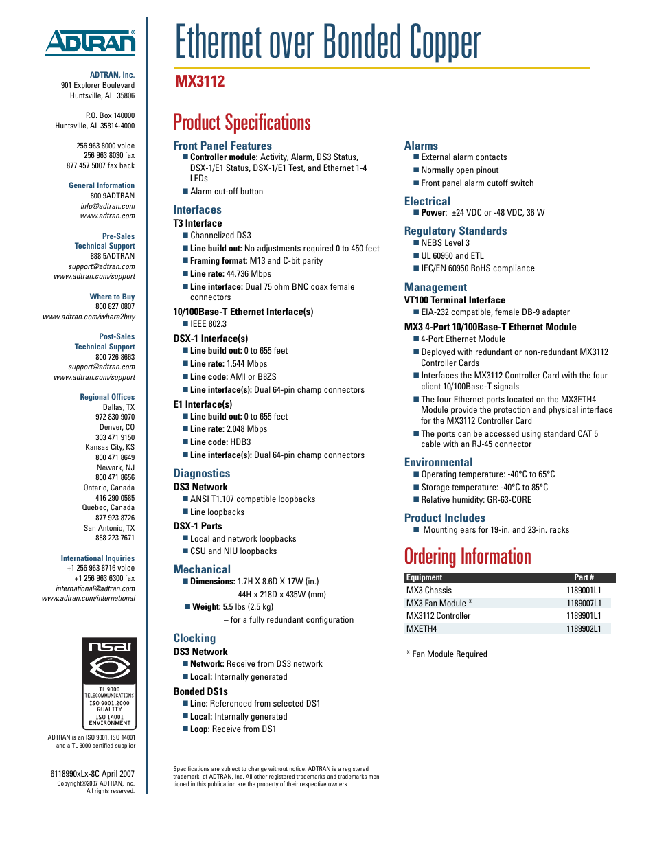 Ethernet over bonded copper, Product specifications, Ordering information | Mx3112, Front panel features, Interfaces, Diagnostics, Mechanical, Clocking, Alarms | ADTRAN Ethernet Over Bonded Copper MX3112 User Manual | Page 2 / 2