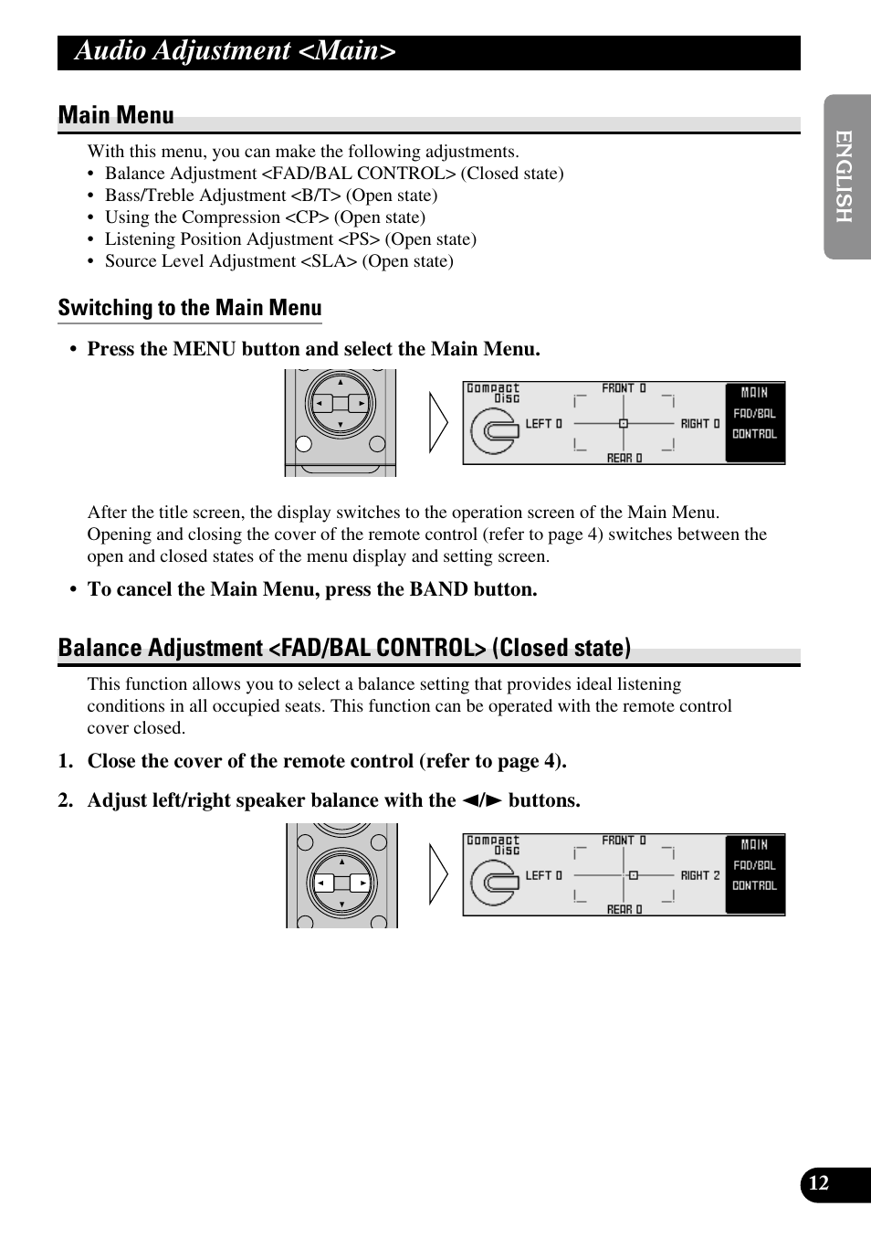 Audio adjustment <main, Main menu | Pioneer RS-A9 User Manual | Page 13 / 73