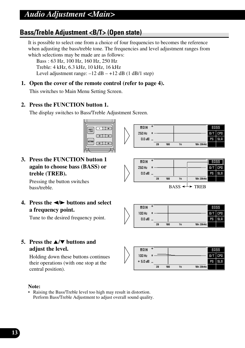 Audio adjustment <main, Bass/treble adjustment <b/t> (open state) | Pioneer RS-A9 User Manual | Page 14 / 73