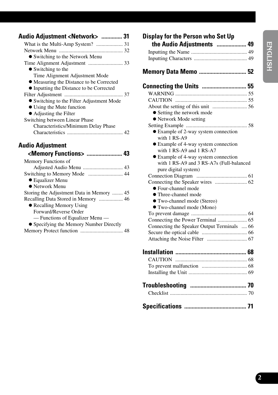 Audio adjustment <network, Installation, Troubleshooting | Pioneer RS-A9 User Manual | Page 3 / 73