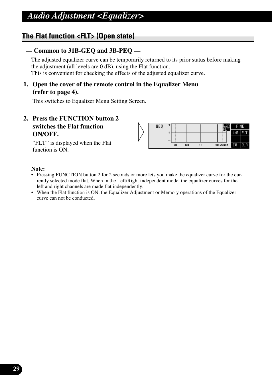 Audio adjustment <equalizer, The flat function <flt> (open state) | Pioneer RS-A9 User Manual | Page 30 / 73