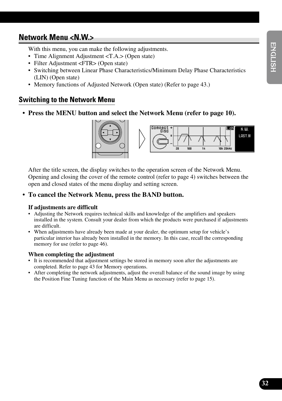 Network menu, Switching to the network menu, Network menu <n.w | Pioneer RS-A9 User Manual | Page 33 / 73