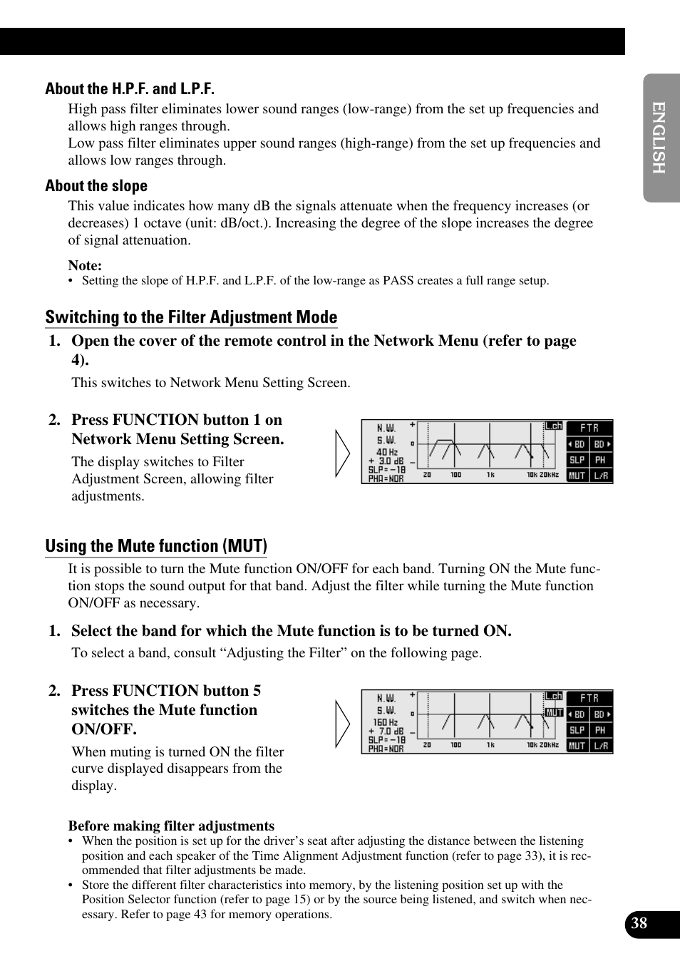 Switching to the filter adjustment mode, Using the mute function | Pioneer RS-A9 User Manual | Page 39 / 73