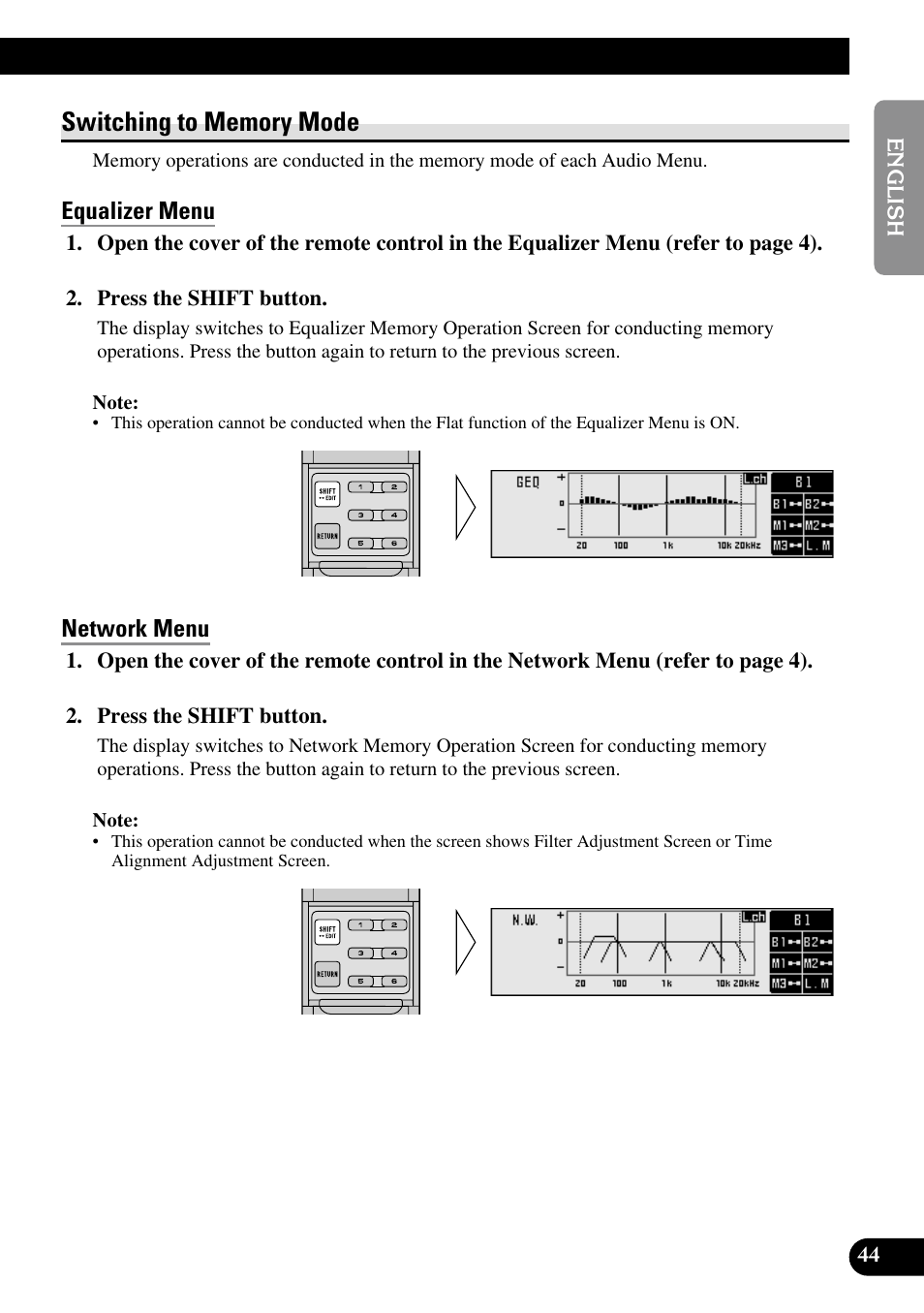 Switching to memory mode, Equalizer menu, Network menu | Pioneer RS-A9 User Manual | Page 45 / 73