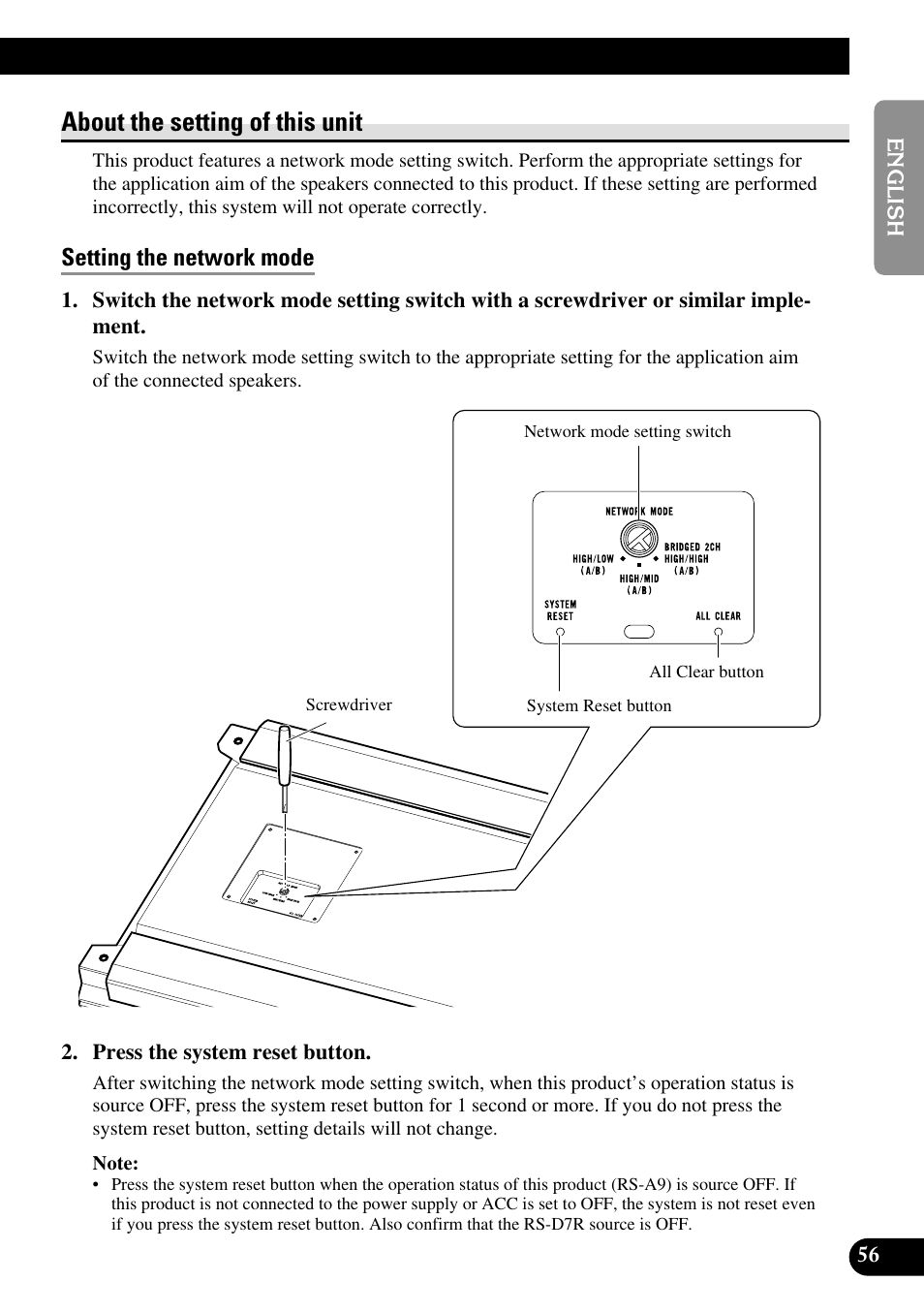 About the setting of this unit, Setting the network mode | Pioneer RS-A9 User Manual | Page 57 / 73