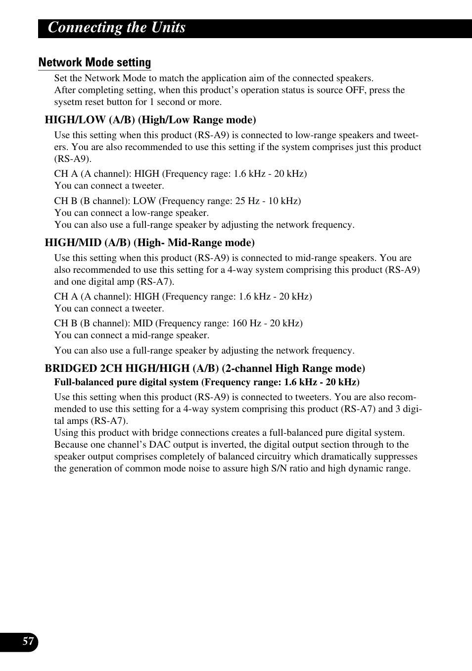 Network mode setting, Connecting the units | Pioneer RS-A9 User Manual | Page 58 / 73