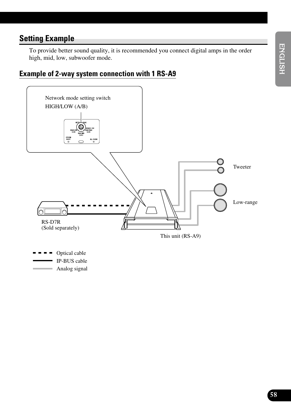 Setting example, Example of 2-way system connection with 1 rs-a9 | Pioneer RS-A9 User Manual | Page 59 / 73
