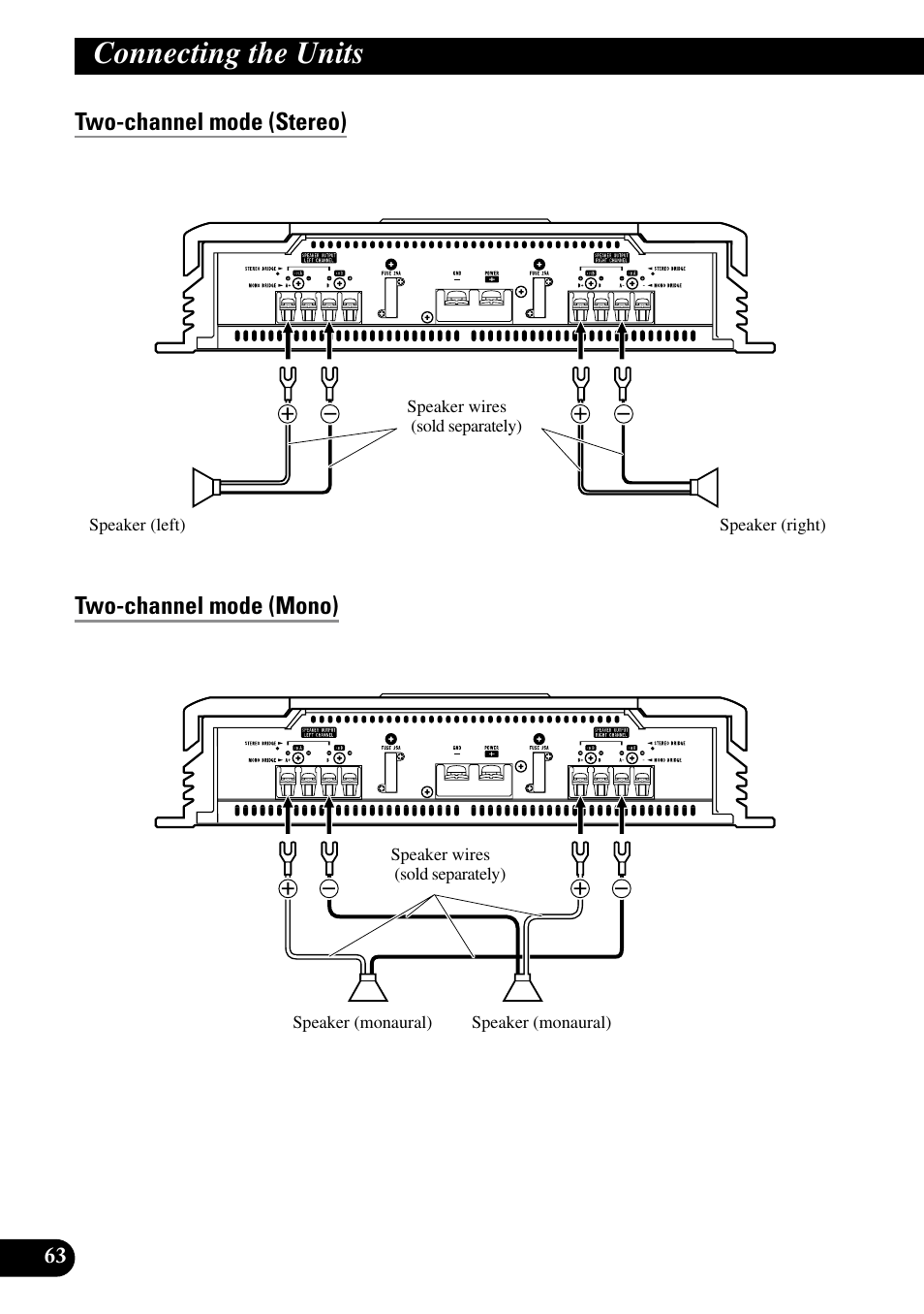 Two-channel mode (stereo), Two-channel mode (mono), Connecting the units | Two-channel mode (stereo) two-channel mode (mono) | Pioneer RS-A9 User Manual | Page 64 / 73