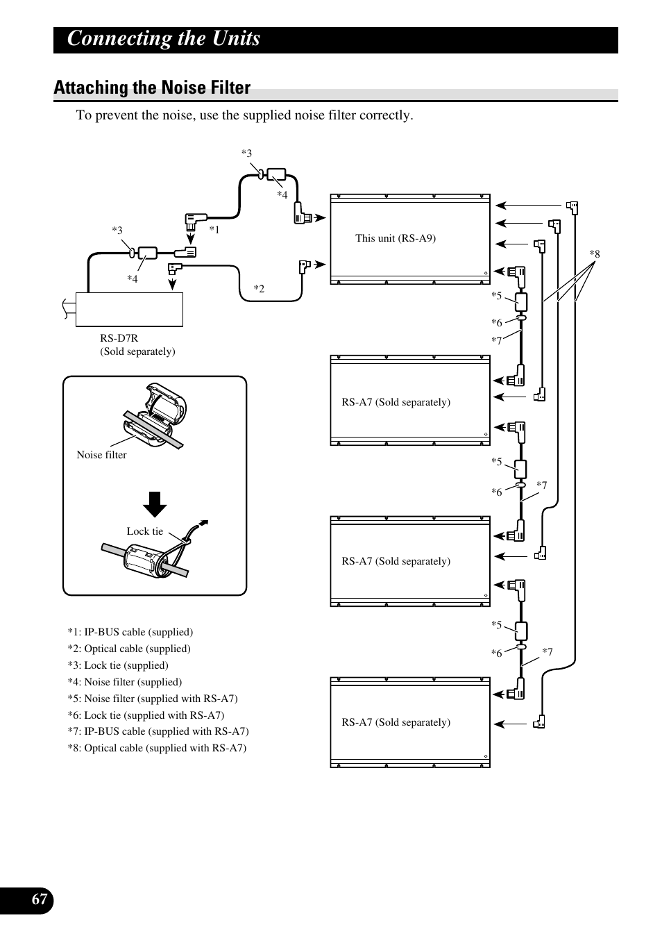 Attaching the noise filter, Connecting the units | Pioneer RS-A9 User Manual | Page 68 / 73