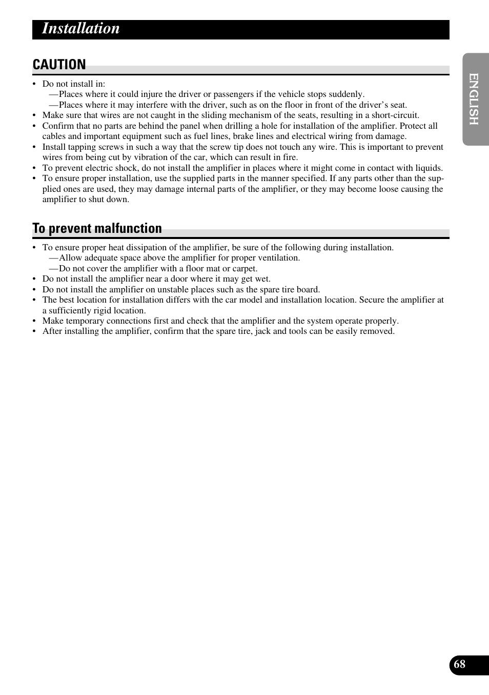 Installation, Caution to prevent malfunction, Caution | Pioneer RS-A9 User Manual | Page 69 / 73