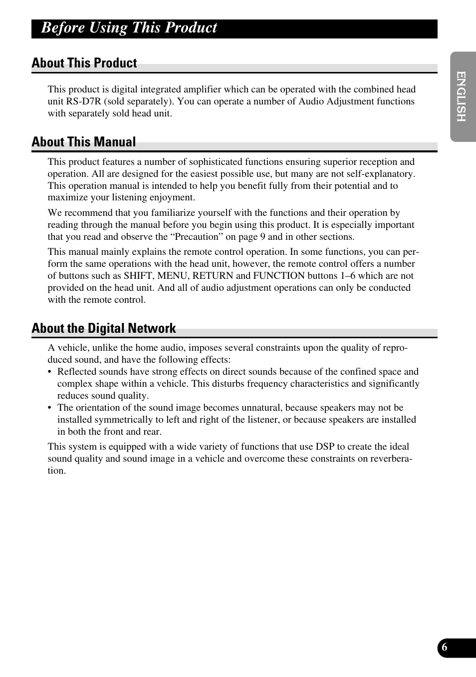Before using this product, About this product, About this manual | About the digital network | Pioneer RS-A9 User Manual | Page 7 / 73