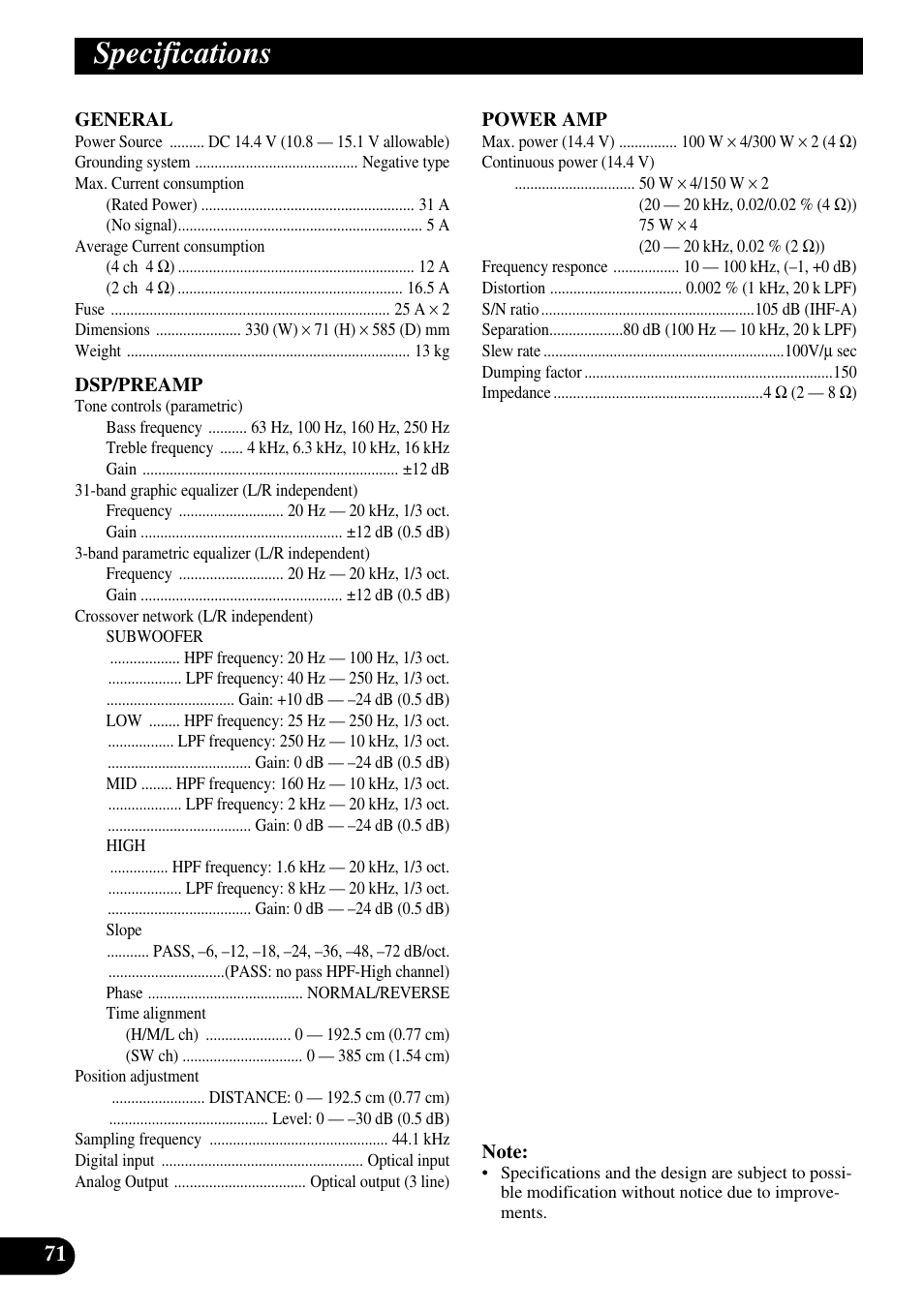 Specifications | Pioneer RS-A9 User Manual | Page 72 / 73