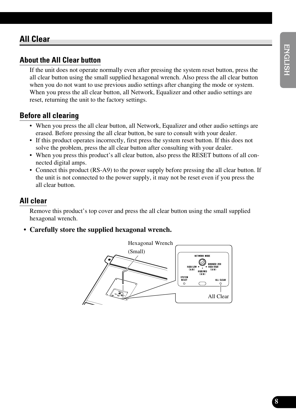 All clear, About the all clear button, Before all clearing | Pioneer RS-A9 User Manual | Page 9 / 73