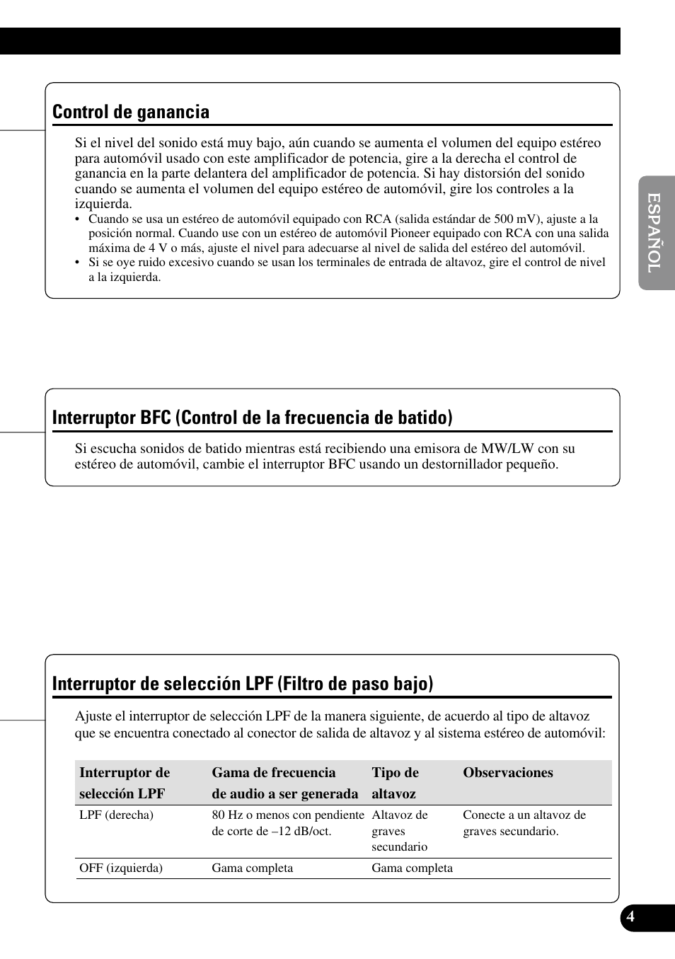 Control de ganancia interruptor bfc, Control de la frecuencia de batido), Interruptor de selección lpf | Filtro de paso bajo), Interruptor de selección lpf (filtro de paso bajo), Control de ganancia | Pioneer GM-5300T User Manual | Page 17 / 85