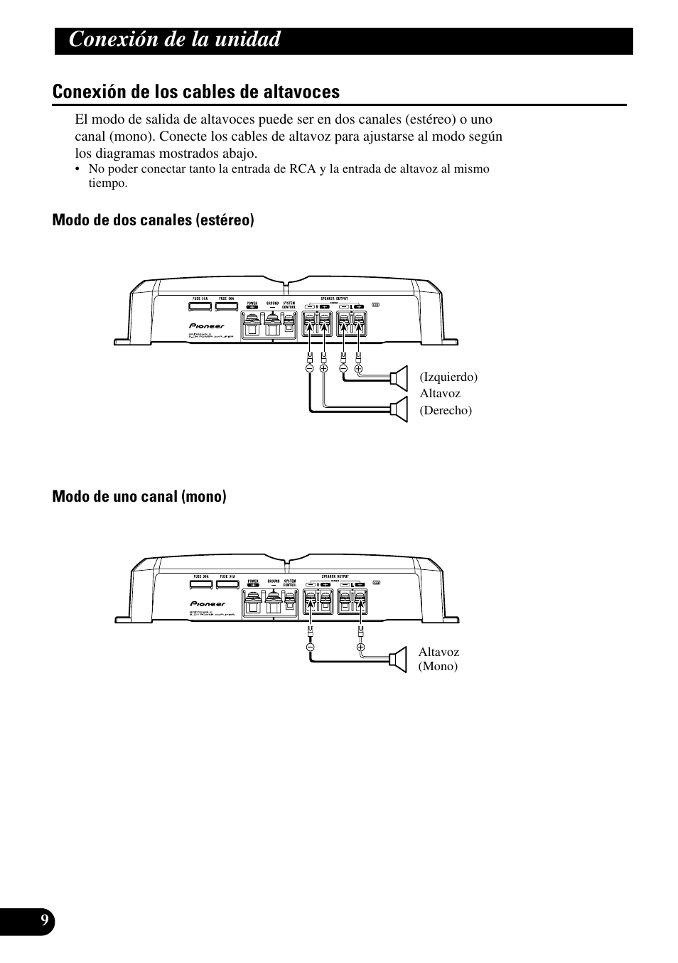 Conexión de los cables de altavoces, Conexión de la unidad | Pioneer GM-5300T User Manual | Page 22 / 85