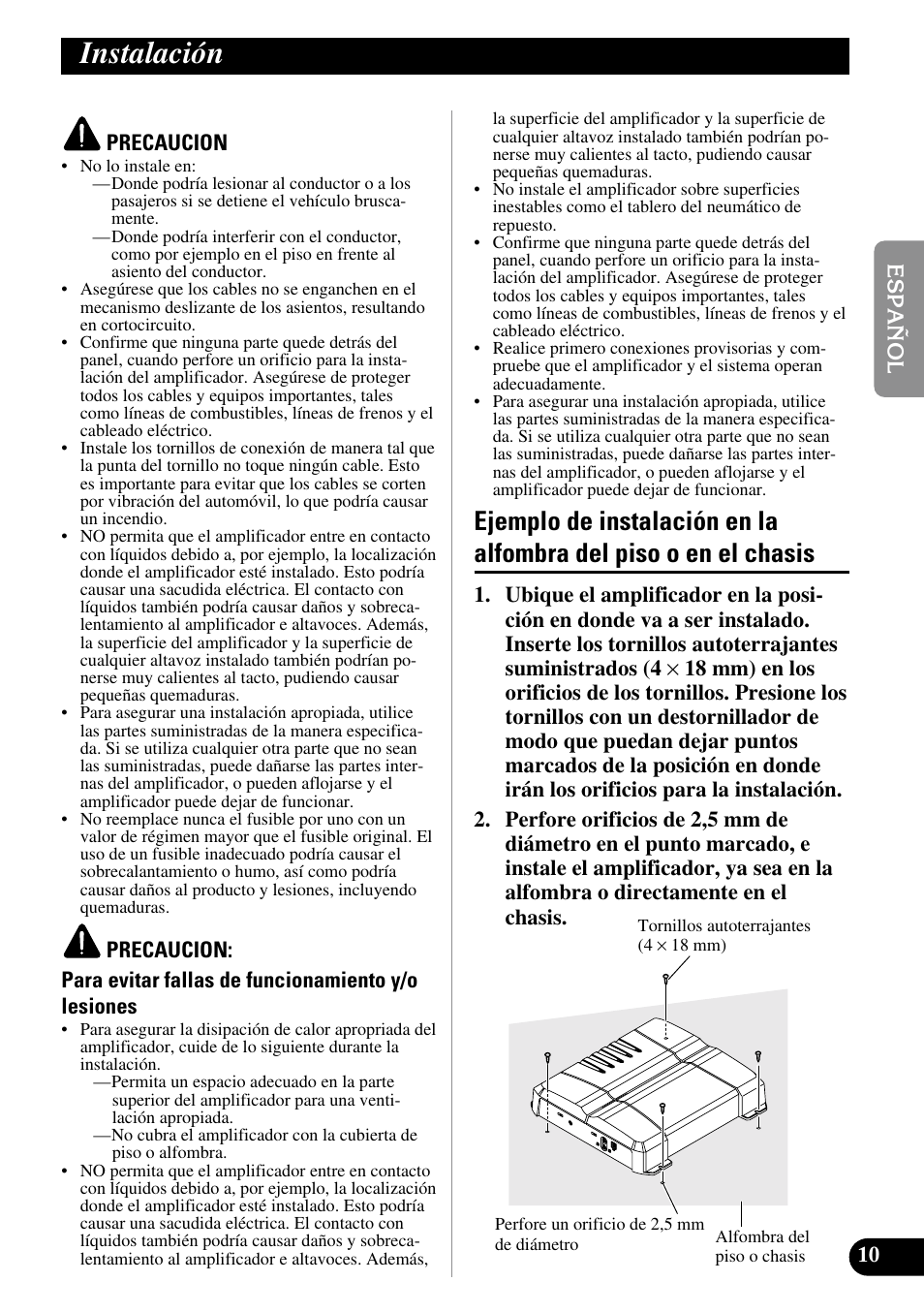 Instalación, Ejemplo de instalación en la alfombra, Del piso o en el chasis | Pioneer GM-5300T User Manual | Page 23 / 85