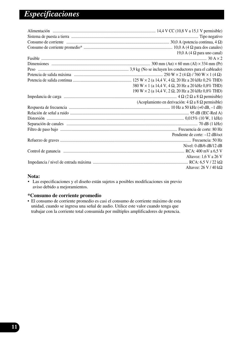 Especificaciones | Pioneer GM-5300T User Manual | Page 24 / 85