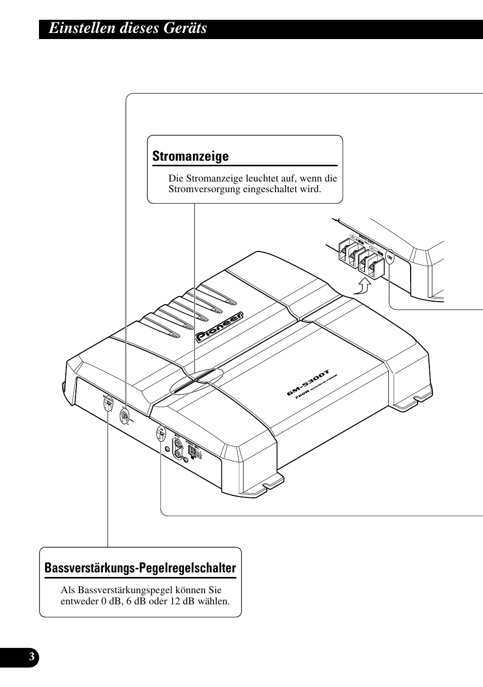 Einstellen dieses geräts, Stromanzeige bassverstärkungs-pegelregelschalter | Pioneer GM-5300T User Manual | Page 28 / 85