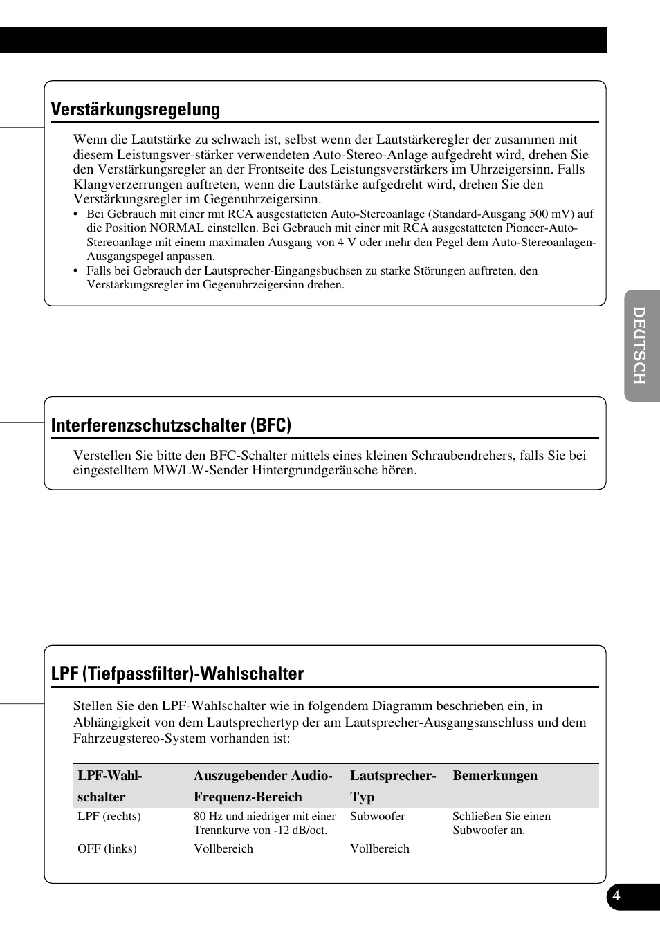 Verstärkungsregelung, Lpf (tiefpassfilter)-wahlschalter, Interferenzschutzschalter (bfc) | Pioneer GM-5300T User Manual | Page 29 / 85