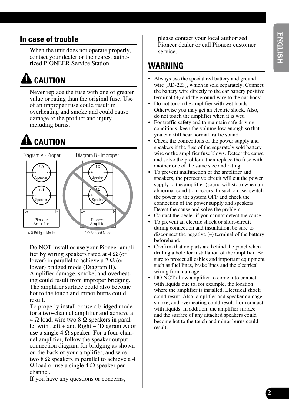 In case of trouble caution caution warning, Caution, Warning | Pioneer GM-5300T User Manual | Page 3 / 85