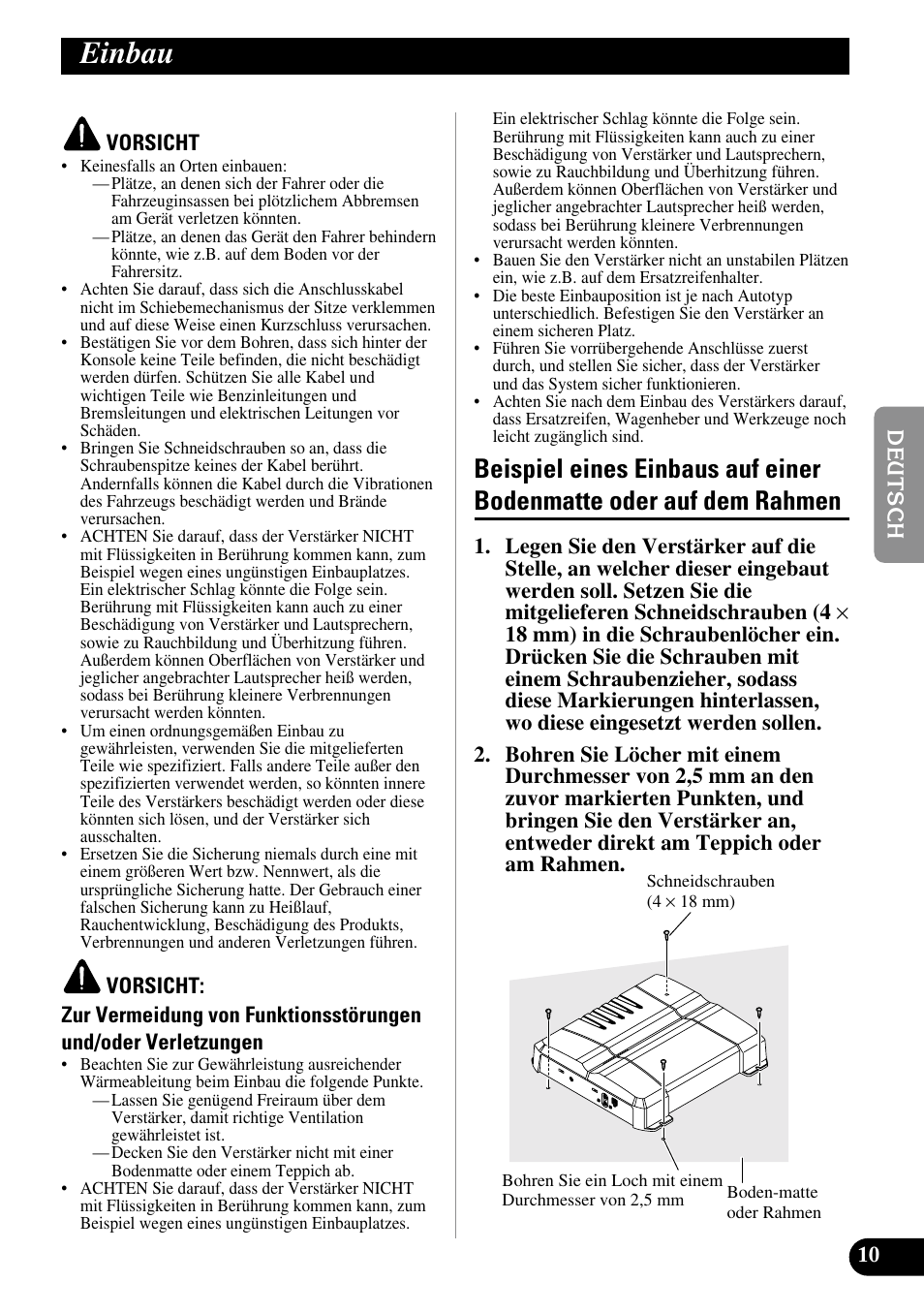 Einbau, Beispiel eines einbaus auf einer, Bodenmatte oder auf dem rahmen | Pioneer GM-5300T User Manual | Page 35 / 85