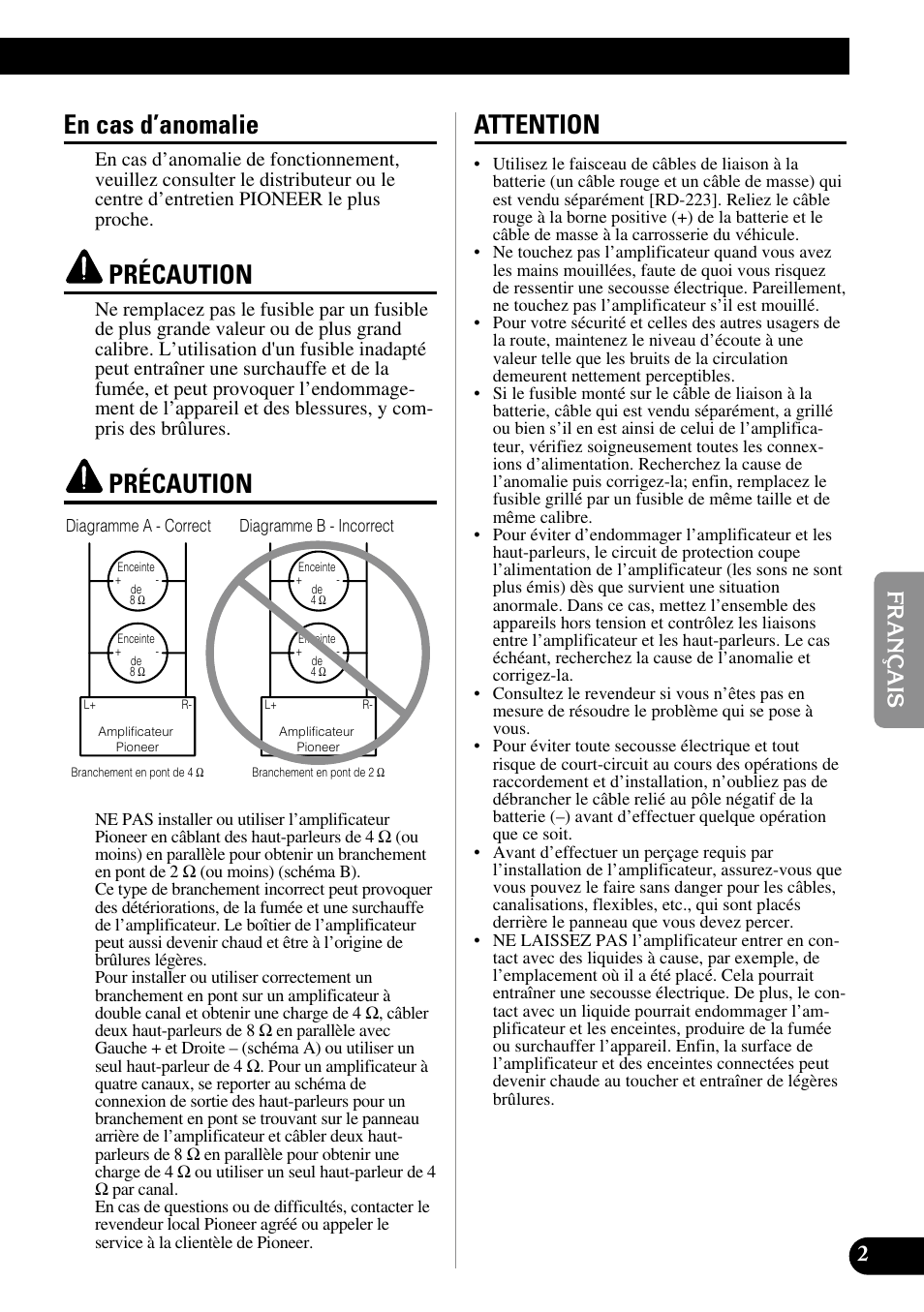 En cas d’anomalie précaution précaution attention, En cas d’anomalie, Précaution | Attention | Pioneer GM-5300T User Manual | Page 39 / 85