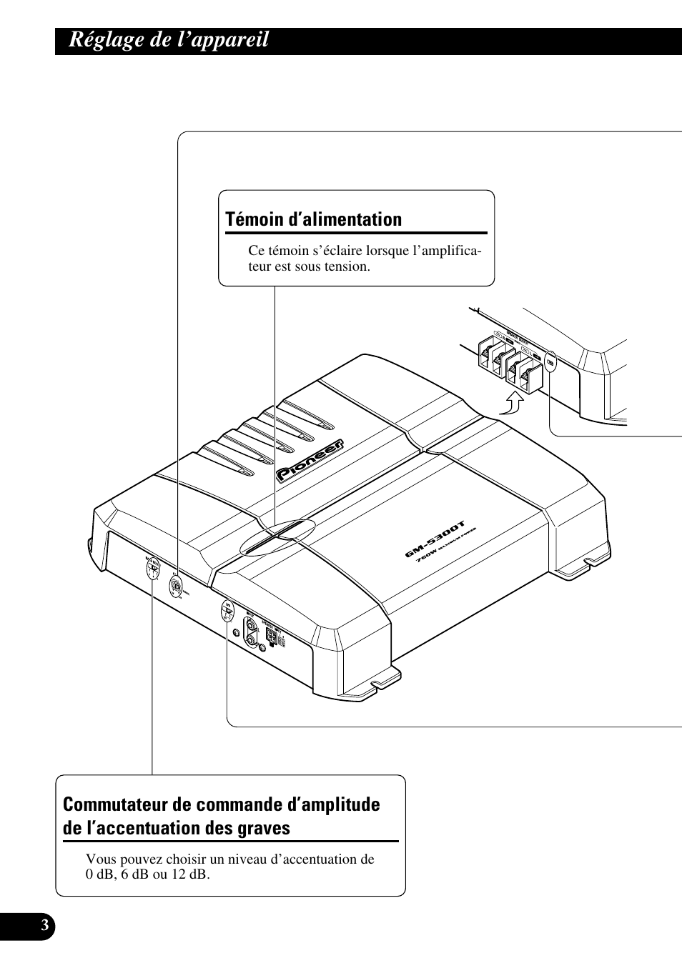 Réglage de l’appareil, L’accentuation des graves | Pioneer GM-5300T User Manual | Page 40 / 85