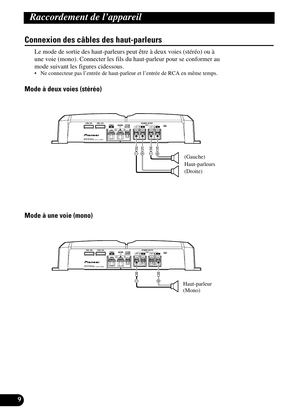 Connexion des câbles des haut-parleurs, Raccordement de l’appareil | Pioneer GM-5300T User Manual | Page 46 / 85
