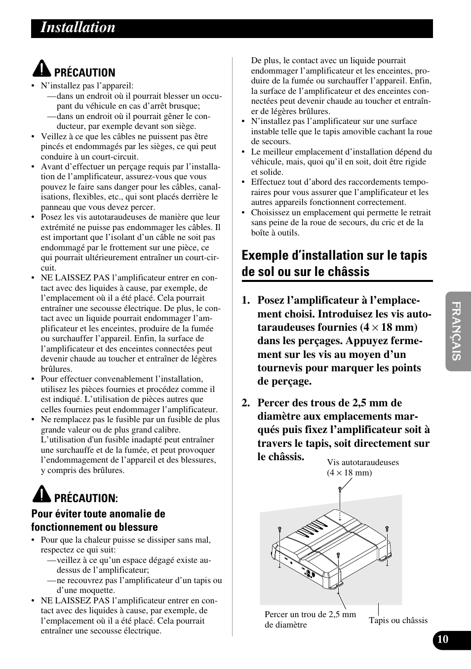 Installation, Exemple d’installation sur le tapis de sol, Ou sur le châssis | Pioneer GM-5300T User Manual | Page 47 / 85