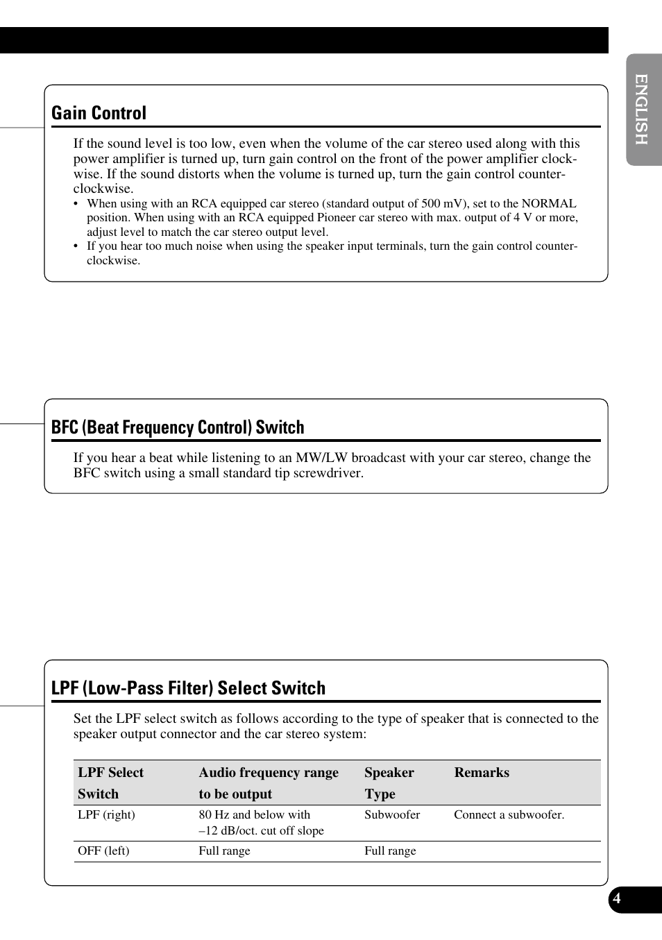 Lpf (low-pass filter) select switch, Gain control, Bfc (beat frequency control) switch | Pioneer GM-5300T User Manual | Page 5 / 85