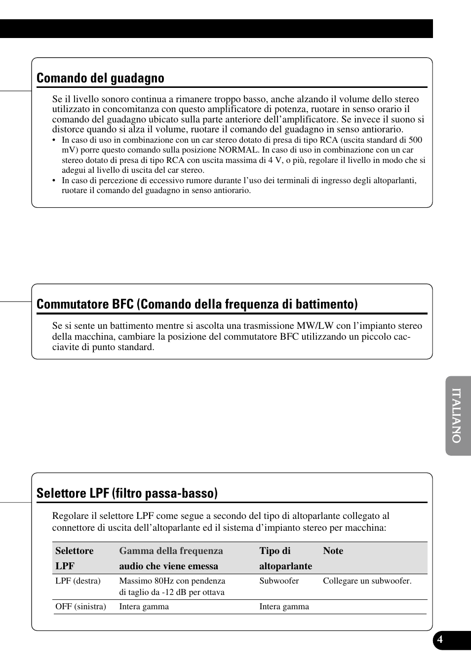 Frequenza di battimento), Selettore lpf (filtro passa-basso), Comando del guadagno | Pioneer GM-5300T User Manual | Page 53 / 85